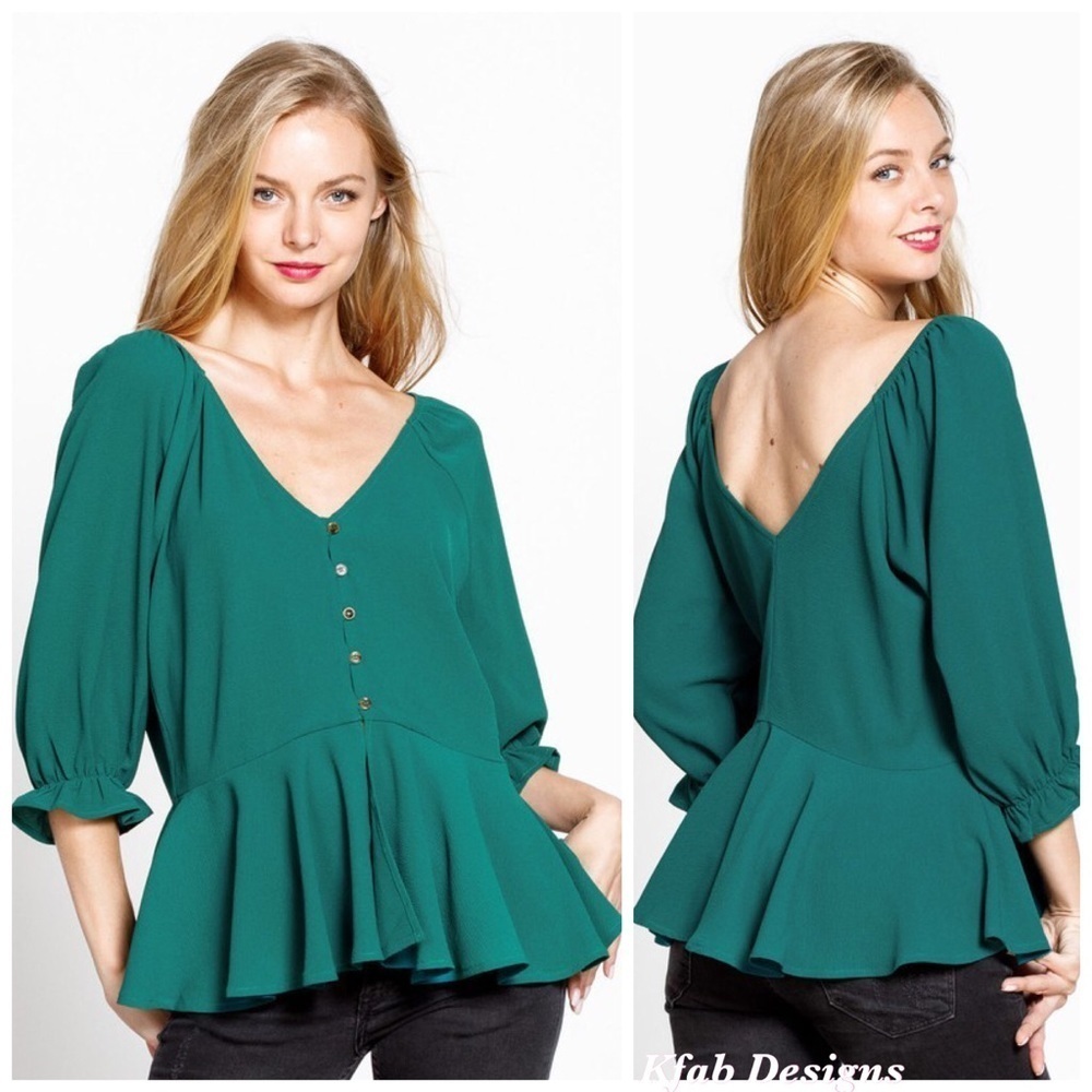 RESTOCK! Stunning Emerald Green Puff Sleeve V Neck Button Peplum Blouse!